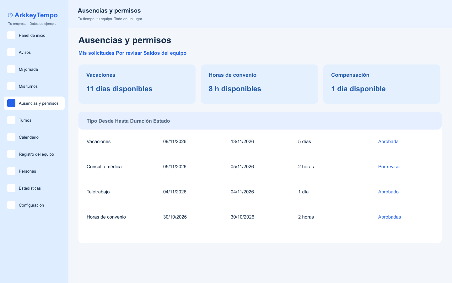 Vista ilustrativa de solicitudes y saldos de vacaciones de ArkkeyTempo
